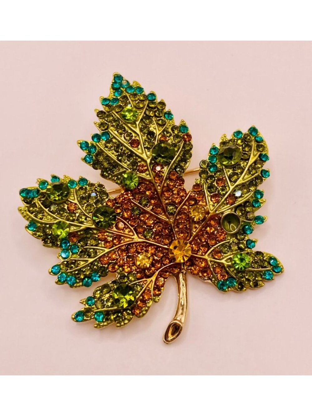 Rhinestone Maple Leaf Brooch Pin Green Orange & Teal Crystals -81B